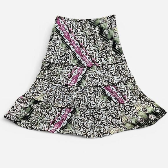 VTG Y2K Dressbarn Brown Green & Pink Bohemian Pattern Tiered Ruffle Midi Skirt L - Picture 1 of 7